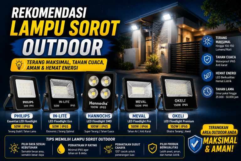 Rekomendasi Lampu Sorot Outdoor 2026: LED IP65, Watt & Lumen Terbaik untuk Taman & Fasad