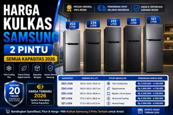 Harga Kulkas Samsung 2 Pintu Semua Kapasitas 2026