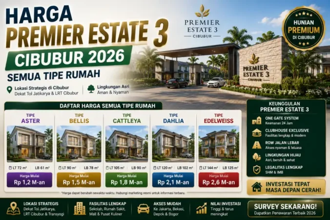 Harga Premier Estate 3 Cibubur 2026: Semua Tipe Rumah