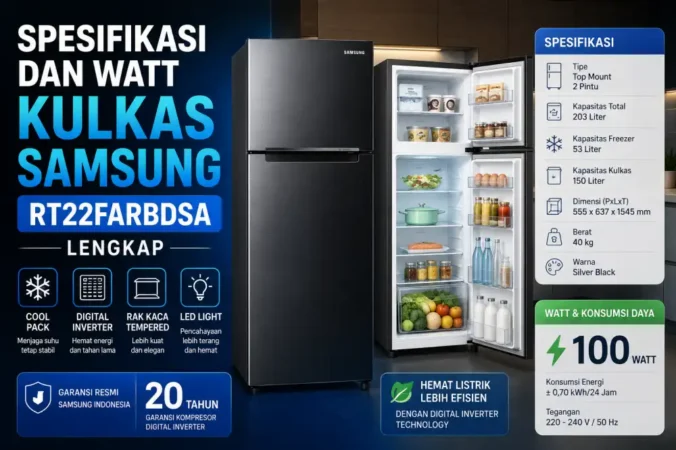 Spesifikasi dan Watt Kulkas Samsung RT22FARBDSA Lengkap
