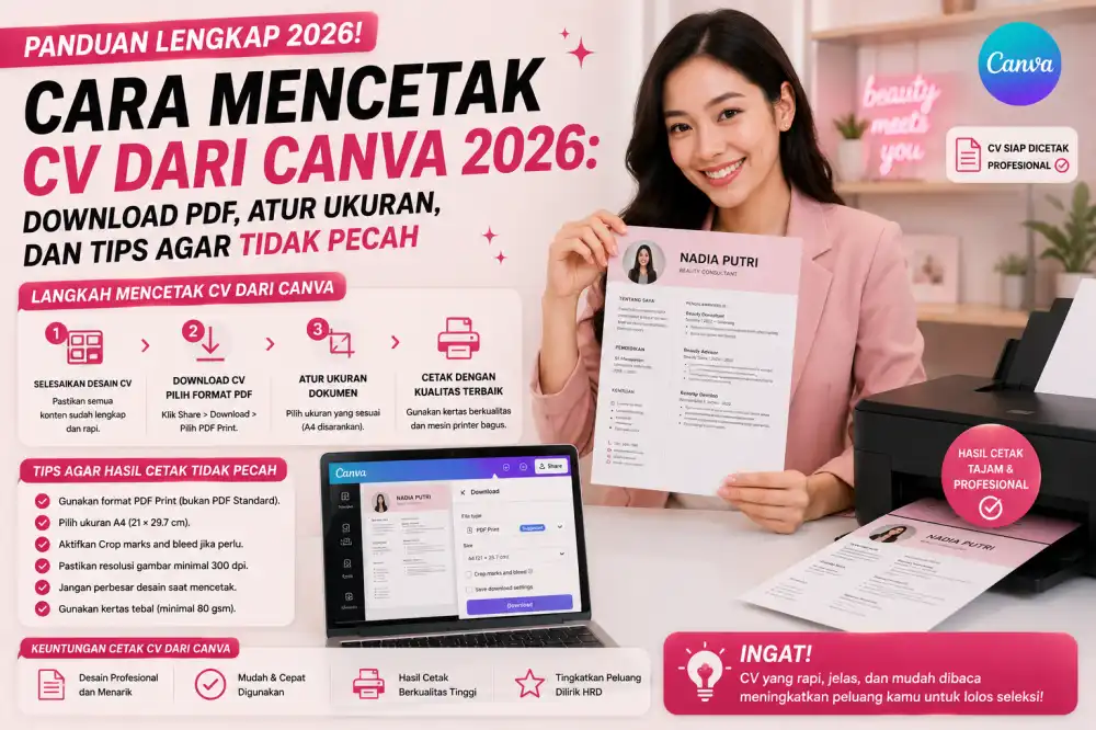 Cara Mencetak CV dari Canva 2026: Download PDF, Atur Ukuran, dan Tips Agar Tidak Pecah