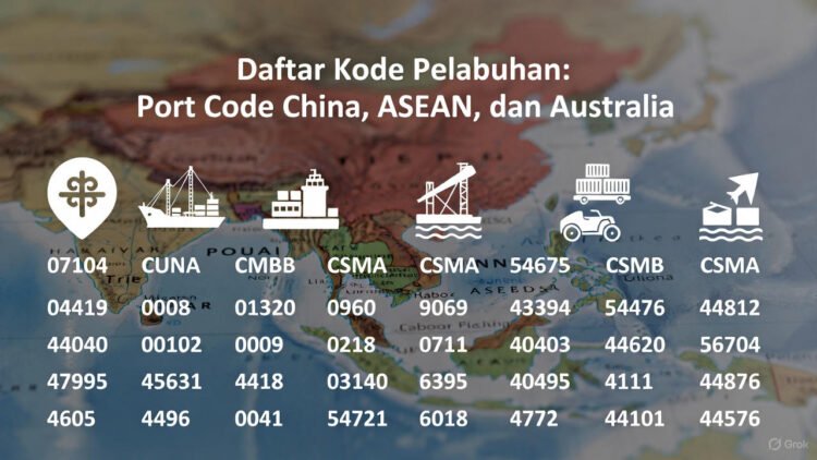 Daftar kode pelabuhan utama (port code) di China, ASEAN, dan Australia terbaru 2026: Shanghai, Singapore, Port Klang, Sydney, dan ratusan pelabuhan lainnya. Panduan lengkap kode UN/LOCODE, kode HS, dan penggunaan dalam pengiriman ekspor-impor untuk bisnis logistik