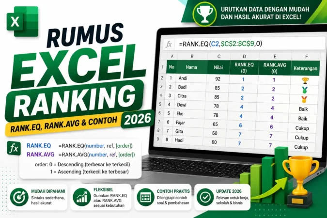 Rumus Excel Ranking: RANK.EQ, RANK.AVG & Contoh 2026