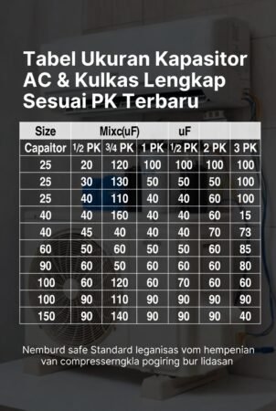 Panduan lengkap daftar tabel ukuran kapasitor AC (1½ PK - 2 PK) dan Kulkas (1 Pintu, 2 Pintu, Freezer). Temukan standar mikrofarad (uF) yang aman agar kompresor awet.