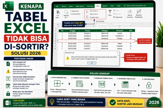 Kenapa Tabel Excel Tidak Bisa Di-Sortir? Solusi 2026