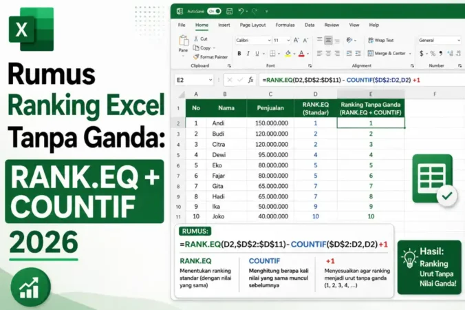 Rumus Ranking Excel Tanpa Ganda: RANK.EQ + COUNTIF 2026
