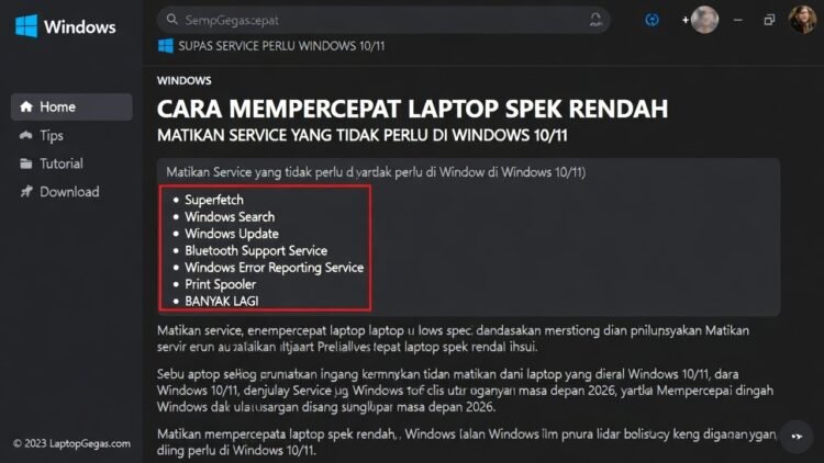 Cara Mempercepat Windows 10/11 untuk Laptop Spek Rendah: Matikan Service yang Tidak Perlu (Update 2026)