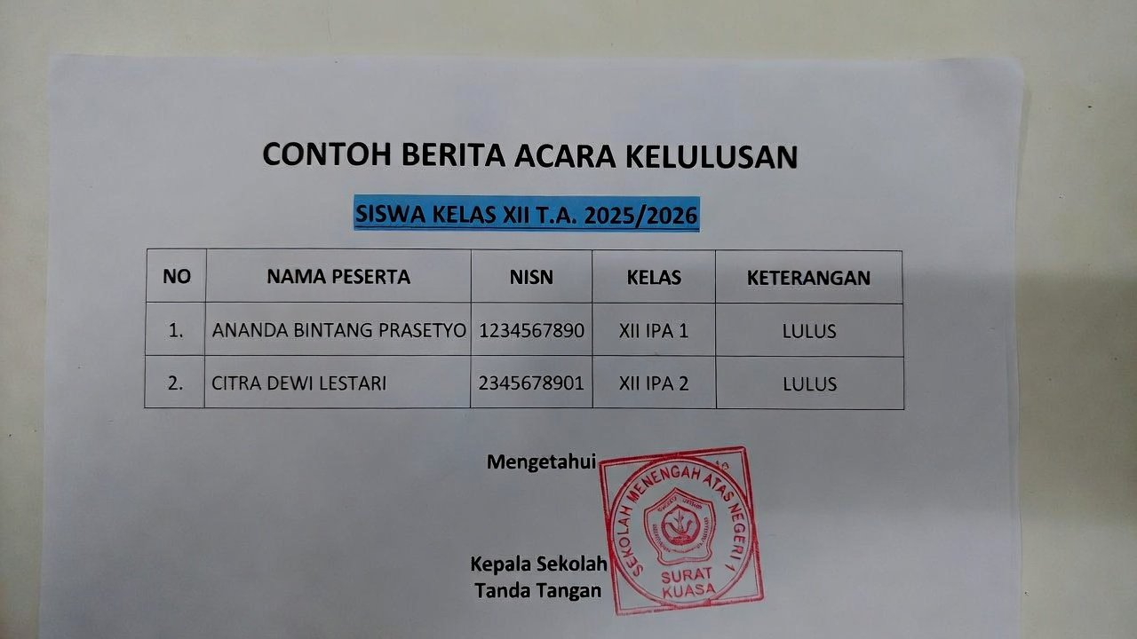 Contoh Berita Acara Kelulusan Siswa 2026 Sudah Terisi – Siap Edit & Cetak