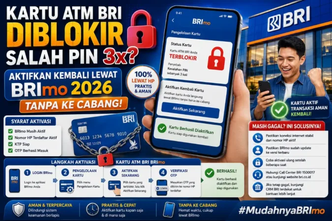 Kartu ATM BRI diblokir salah PIN 3x? Aktifkan kembali lewat BRImo 2026 tanpa ke cabang: syarat, langkah lengkap, dan solusi jika tetap gagal.