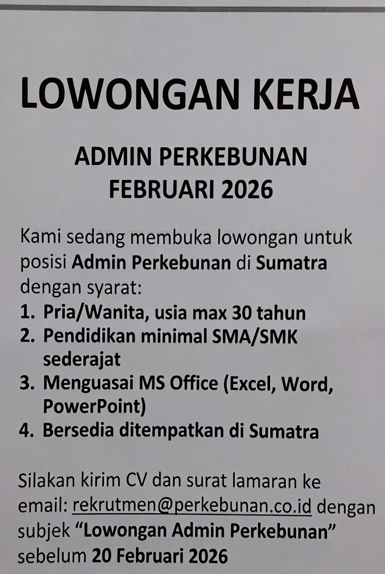 Lowongan Kerja Admin Perkebunan Sumatra Februari 2026 – Gaji, Syarat & Cara Lamar