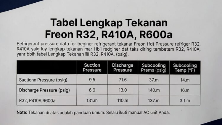 Tabel Lengkap Tekanan Freon R32, R410A, dan R600a: Panduan Isi Ulang untuk Pemula 2026