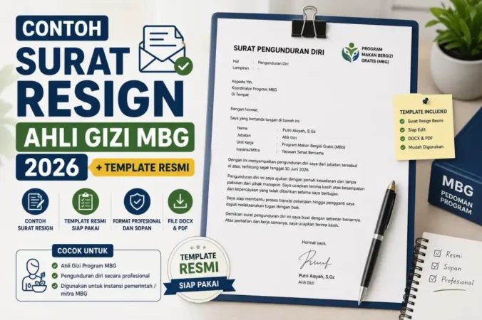 Contoh surat resign ahli gizi MBG (relawan AG) lengkap dengan template siap pakai, dasar hukum, dan panduan resign profesional dari Program BGN 2026.