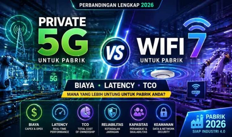 private 5g vs wifi 7, wifi 7 untuk pabrik, private 5g pabrik 2026, biaya private 5g, latency wifi 7 vs 5g