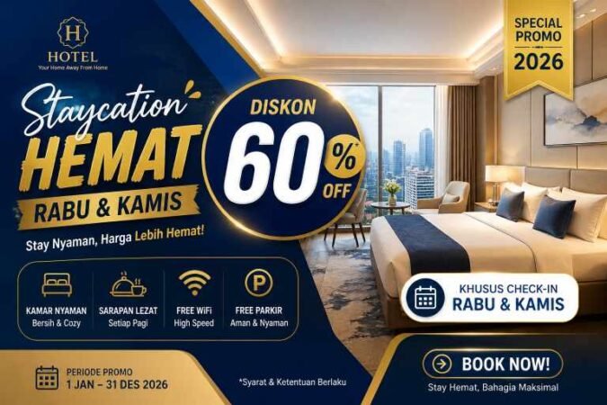 Hotel Promo] Staycation Hemat Setiap Rabu & Kamis! Nikmati diskon hotel hingga 60% + Extra diskon s.d. 30% untuk stay lebih lama Promo period: 8-9 Apr, 15-16 Apr, 22-23 Apr, 13-14 May, 20-21 May