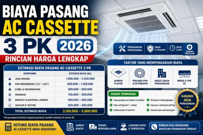 Biaya Pasang AC Cassette 3 PK 2026: Rincian Harga Lengkap