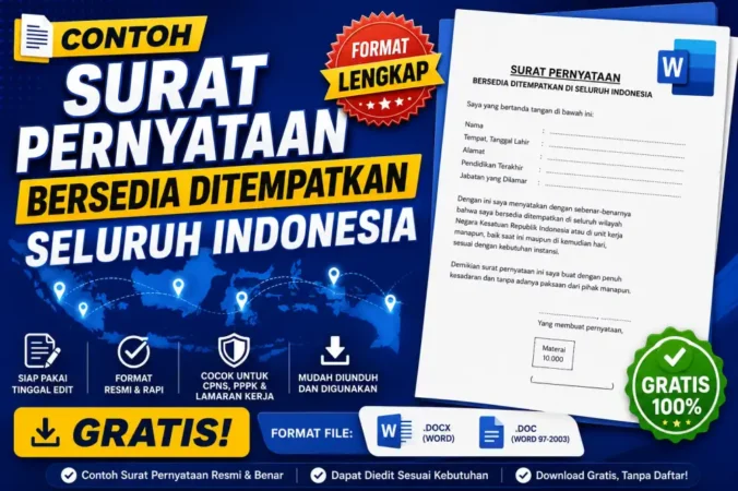 Contoh Surat Pernyataan Bersedia Ditempatkan Seluruh Indonesia Word + DOC Gratis