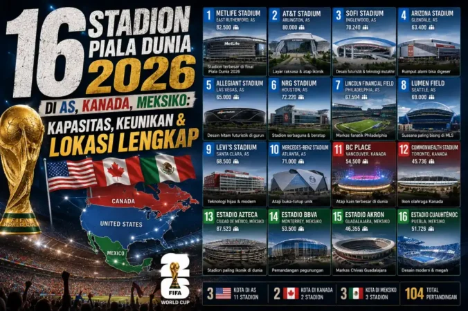 16 Stadion Piala Dunia 2026 di AS, Kanada, Meksiko: Kapasitas, Keunikan & Lokasi Lengkap