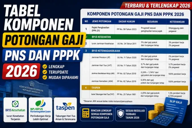 Tabel Komponen Potongan Gaji PNS dan PPPK 2026: BPJS Kesehatan, BPJS Ketenagakerjaan, Taspen Lengkap
