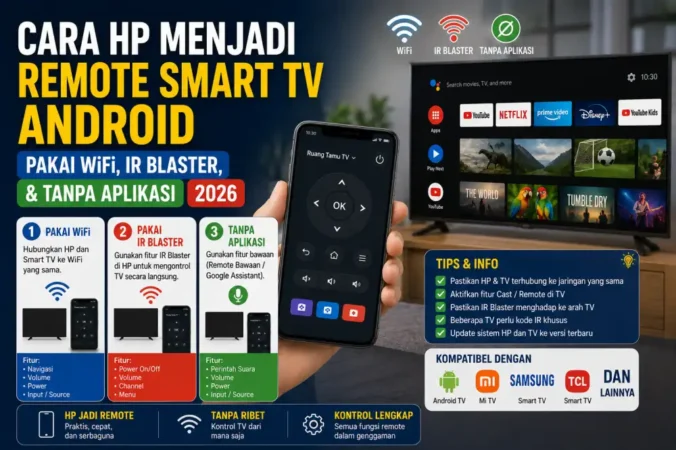 Panduan lengkap cara HP menjadi remote Smart TV Android 2026. Pakai Google TV App, Mi Remote, IR Blaster, WiFi. Bisa untuk TV Samsung, LG, TCL, Polytron, Xiaomi. Solusi remote hilang, tanpa infrared, & TV beda WiFi.