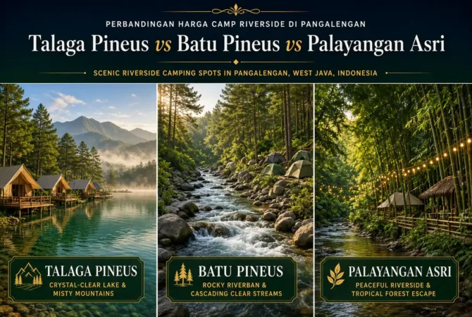 Bandingkan harga sewa tenda 3 camp riverside populer di Pangalengan: Talaga Pineus, Batu Pineus, dan Palayangan Asri Riverside. Lengkap fasilitas dan lokasi peta.
