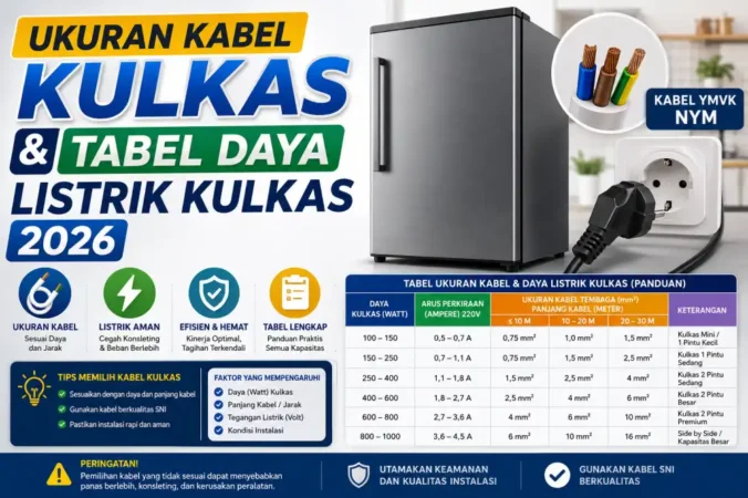 Ukuran Kabel Kulkas & Tabel Daya Listrik Kulkas 2026
