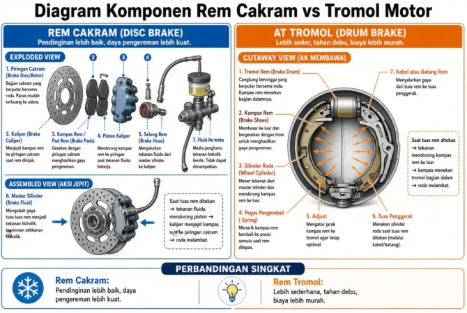 Diagram Komponen Rem Cakram vs Tromol Motor