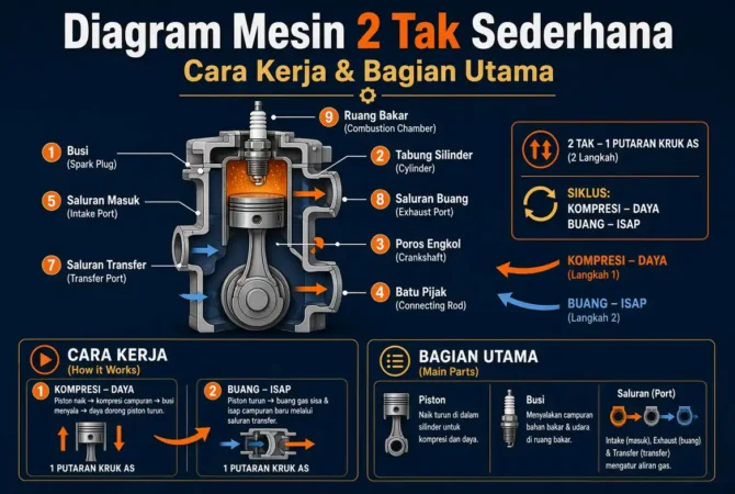 Diagram Mesin 2 Tak Sederhana: Cara Kerja & Bagian Utama