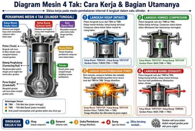 Diagram Mesin 4 Tak: Cara Kerja & Bagian Utamanya