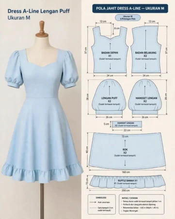 Pola Dress A-Line Lengan Puff Ukuran M: Panduan Jahit