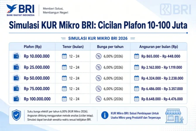 Simulasi KUR Mikro BRI: Cicilan Plafon 10-100 Juta