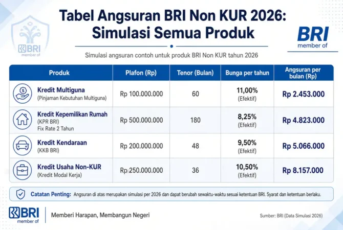 Tabel Angsuran BRI Non KUR 2026: Simulasi Semua Produk