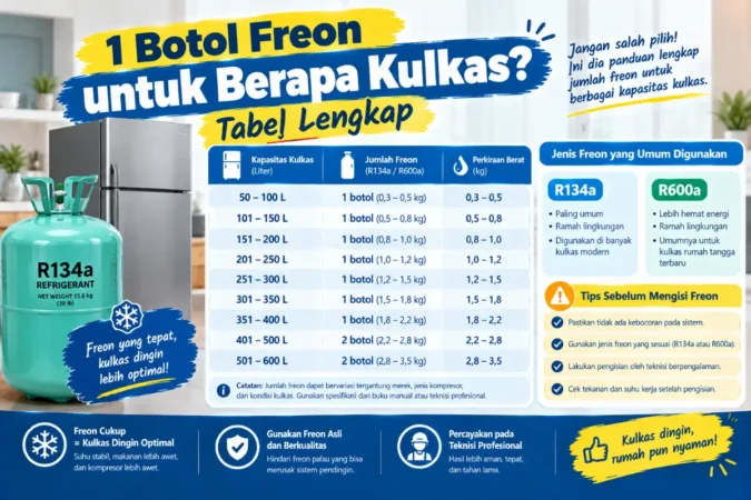 1 Botol Freon untuk Berapa Kulkas? Tabel Lengkap