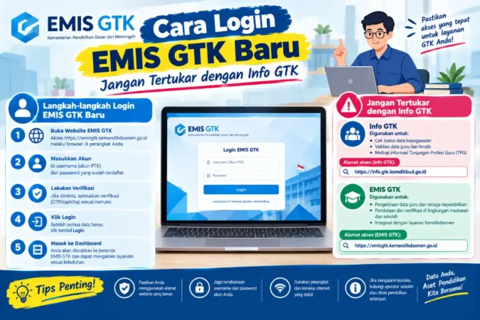 Cara login EMIS GTK baru untuk operator madrasah dan guru: alur Masuk dengan EMIS, generate akun PTK, perbedaan dengan Info GTK, dan solusi gagal login